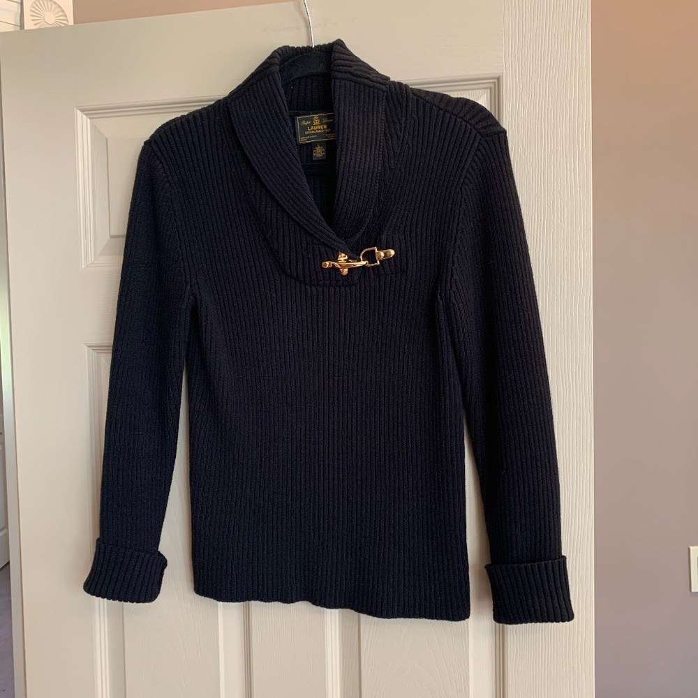 Ralph Lauren Lauren Black Ribbed Cotton Pullover Sweater sz L